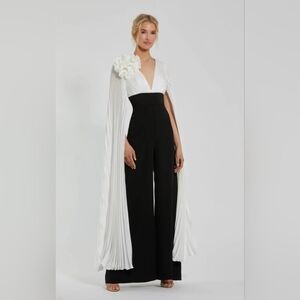 Ieena For MacDuggal White & Black Pleated Charmeuse Crepe Wide Leg Jumpsuit